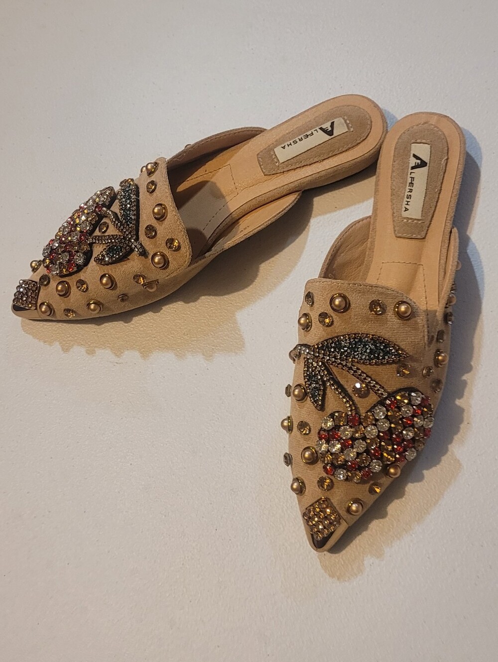 Alfersha, Cherry Rhinestone Embellished Gold Pointed Toe Mule In Tan, 40